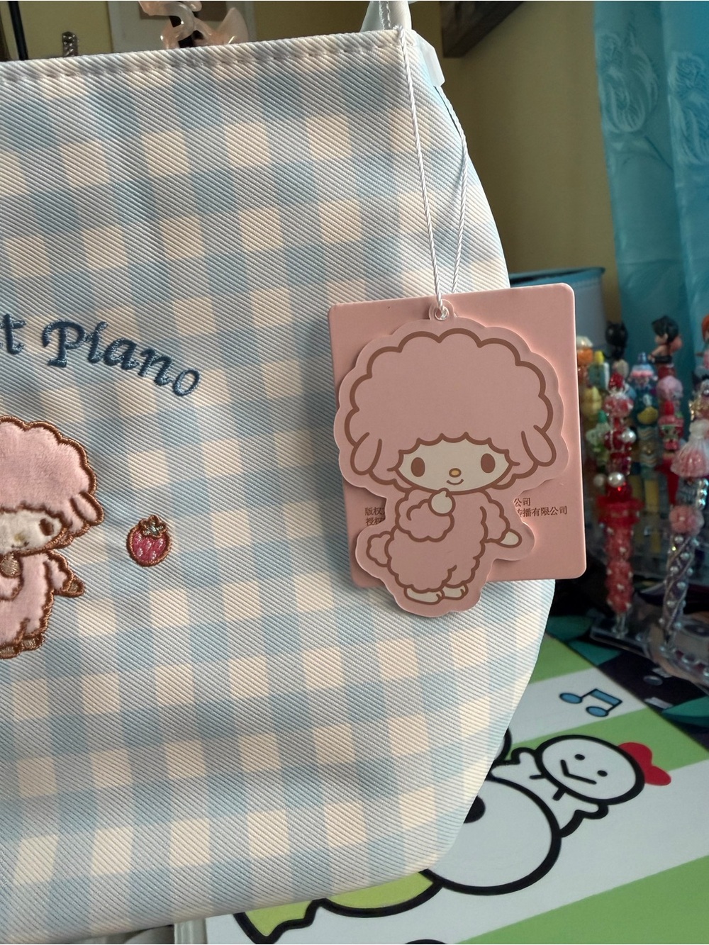 NWT Sanrio My Sweet Piano Blue Gingham Mini Shoulder Bag w/ Strawberry Charm - Picture 6 of 6